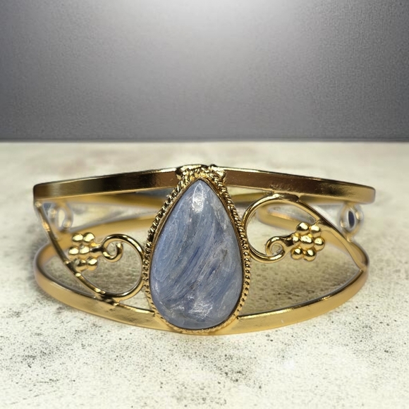 18k Gold Plated Artisan Genuine Kyanite Floral Vines Cuff Bangle Bracelet - Picture 2 of 6